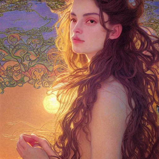 Image similar to portrait of a beautiful alluring female nature spirit goddess at sunset, detailed, centered, digital painting, artstation, concept art, donato giancola, Dante Gabriel Rossetti, alphonse mucha, Joseph Christian Leyendecker, WLOP, Boris Vallejo, Breathtaking, 8k resolution, extremely detailed, beautiful, establishing shot, artistic, hyperrealistic, beautiful face, octane render