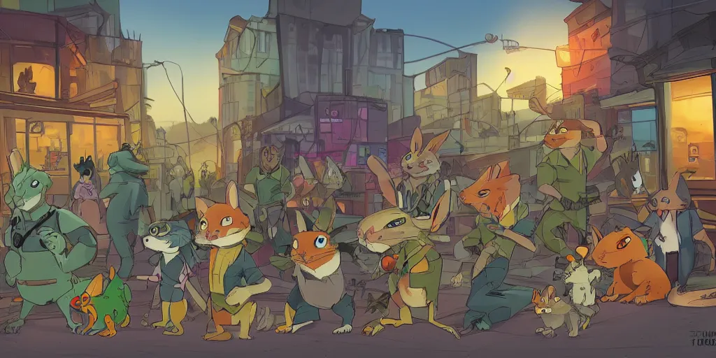 Image similar to mutant pet shop squad. zootopia anime furry. rabbit, puppy, hamster. iguana. rat ninjas on the urban neogeorgian rooftops at night. low angle. artstation, by tim jacobus.