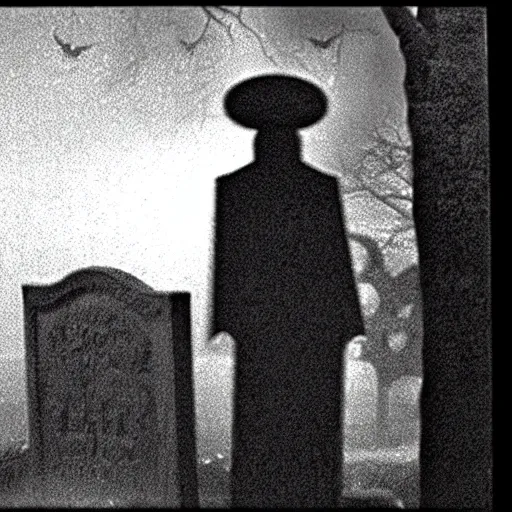 Image similar to cctv security cam grainy black and white footage of baron samedi in an spooky graveyard. baron samedi is wreathed in mist and shadow and is looking at the camera.