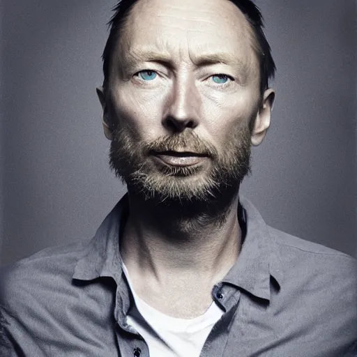 Prompt: Thom Yorke, with a beard and a black shirt, a computer rendering by Martin Schoeller, cgsociety, de stijl, tintype photograph, studio portrait, calotype