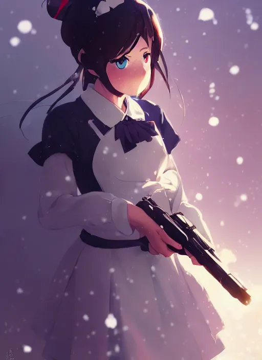 Prompt: portrait of anime maid maid dress with gun in hands running winter by greg rutkowski, key visual, kyoto animation, makoto shinkai, studio ghibli pixiv, sharp, detailed, high quality, award winning trending on artstation super detailed face sparkling eyes fingers