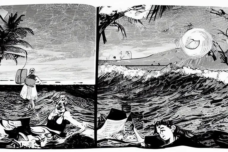 Prompt: graphic novelfull page illustrations of dreamy desolate beach scenes on a hot summer evening, by carel willink and gregory crewdson, big waves, surf