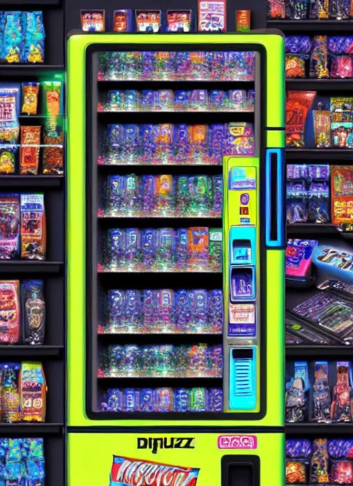 Image similar to hyper detailed digital painting of a cyberpunk vending machine, danguiz