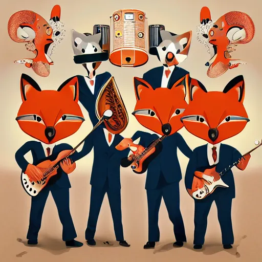 Prompt: photorealistic music album cover, with anthropomorphic foxes animals dressed in suits, holding guitars, on a beach, all looking at camera, studio lighting, award winning photograph, 8 5 mm f / 1. 4