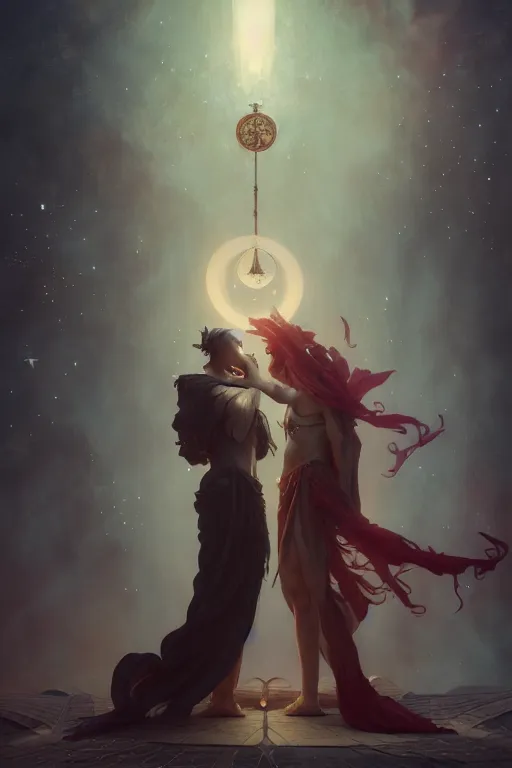 Prompt: the lovers, tarot card, low fantasy, two men, embrace, stars, octane render, rossdraws, tom bagshaw, ross tran, charlie bowater, ruan jia, greg rutkowski, alphonse mucha, 1 6 k, warm lighting, character illustration, headroom