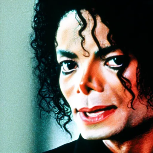 Image similar to a cinematic film still of Michael Jackson starring in The Shining, portrait, 40mm lens, shallow depth of field, close up, split lighting, cinematic