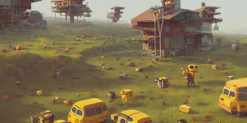 Prompt: honey bee world and hives by Goro Fujita and Simon Stalenhag , 8k, trending on artstation, hyper detailed, cinematic