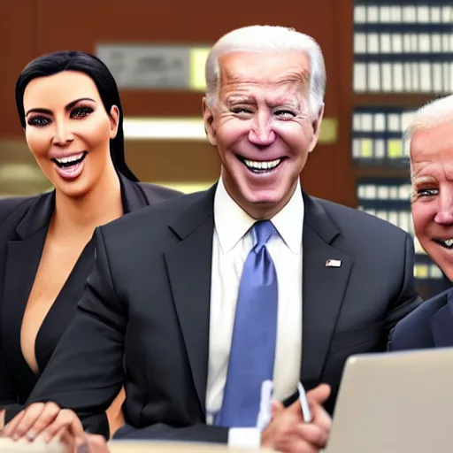 Image similar to stock photo of kim kardashian, and joe biden wearing suits and ties laughing in an office building, 8k resolution, full HD, cinematic lighting, award winning, anatomically correct