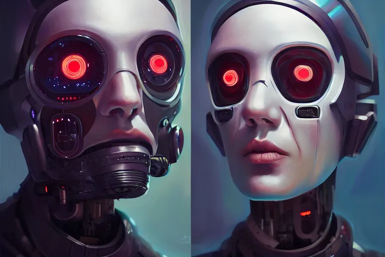 Prompt: oil portraits painting of futuristic transhuman cyborgs, dystopian, cyberpunk style, octane rendering, trending on artstation, studio ghibli, michael whealan and james gurney