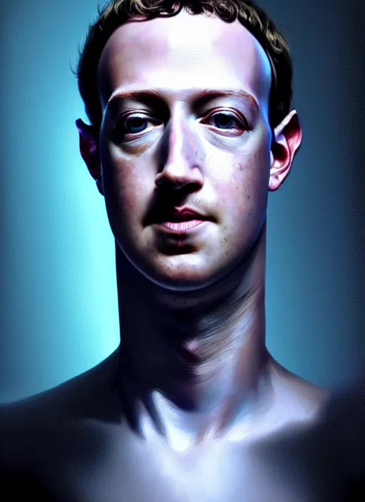 Image similar to mark zuckerberg as male android!!!, sci - fi, wires, dead eyes, portrait, intricate, elegant, highly detailed, digital painting, artstation, concept art, wallpaper, smooth, sharp focus, illustration, art by h. r. giger and artgerm and greg rutkowski and alphonse mucha