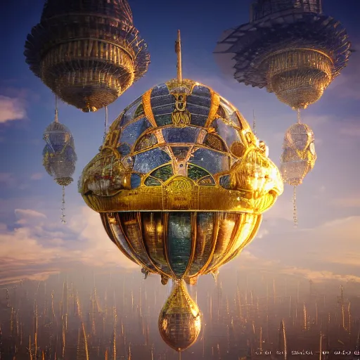 Image similar to enormous flying city in a faberge egg, sky, steampunk, fantasy art, masterpiece, octane render