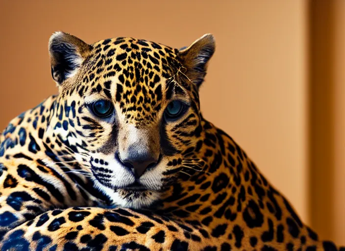 Image similar to photography of a Jaguar Cat . watching outside the window. on a bed. in a 70's room full of vinyls and posters, photorealistic, award winning photo, 100mm, sharp, high res