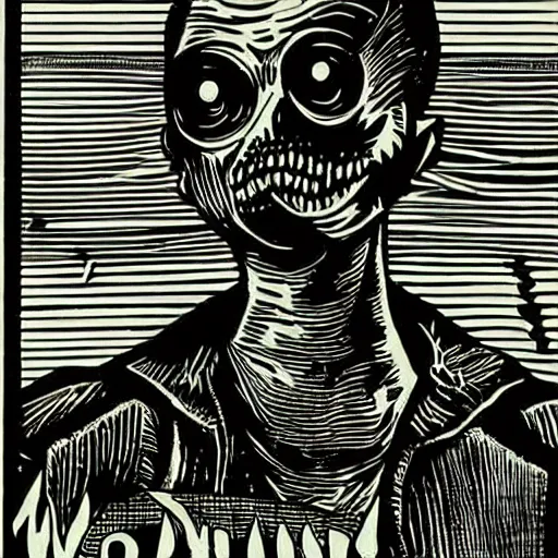 Image similar to woodcut, vhs cover, 1 9 8 3, horror, coffee shop, espresso machine, barista zombie, los angeles, designed by charles burns