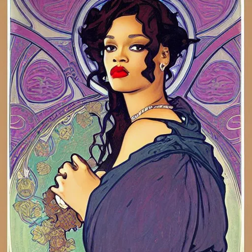 Image similar to Rihanna portrait, art nouveau, alphonse mucha