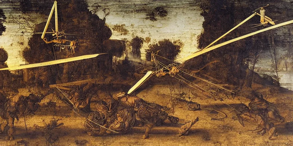 Prompt: Leonardo Da Vinci crashes on the ground with his wooden helicopter prototype. Film scene. Dust. Flames. Leonardo Da vinci in panic. Great light. Sunny day.