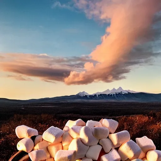 Image similar to a mountain made entirely of roasted marshmallows with marshmallow fluff flowing down the side like lava, cotton candy skies in the background