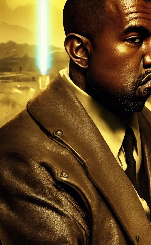 Image similar to Portrait of Kanye West as James Bond in Fallout New Vegas, splash art, movie still, cinematic lighting, dramatic, octane render, long lens, shallow depth of field, bokeh, anamorphic lens flare, 8k, hyper detailed, 35mm film grain