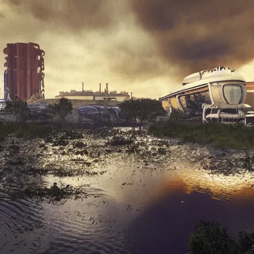 Prompt: post - apocalyptic epcot center, wasteland, submerged, monorail, abandoned, wet, swamp, swamp gas, nuclear fallout, yellow mist, yellow sky, dark clouds, walt disney world, highly detailed, intricate, 8 k