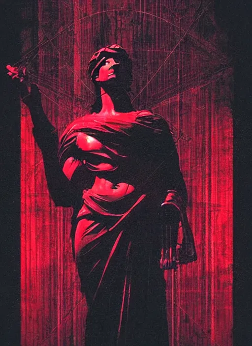 Prompt: dark design poster showing a beautiful greco roman statue, black background with very subtle red and purple design elements, powerful, nekro, vito acconci, thin straight lines, dark, glitch art, neo vaporwave, gritty, layout frame, square, trending on artstation