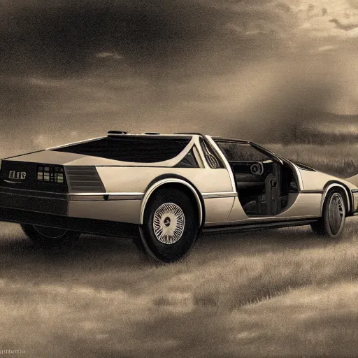 Prompt: a sepia photograph of a delorean time machine on the oregon trail, trending on art station,