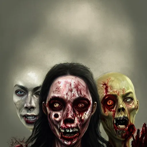 Prompt: color head portrait of aubrey plaza and lena headey grinning as a zombie, 7 days to die zombie, gritty background, fine art, award winning, intricate, elegant, sharp focus, cinematic lighting, digital painting, 8 k concept art, art by michael hussar, art by brom, art by guweiz and z. w. gu, 8 k