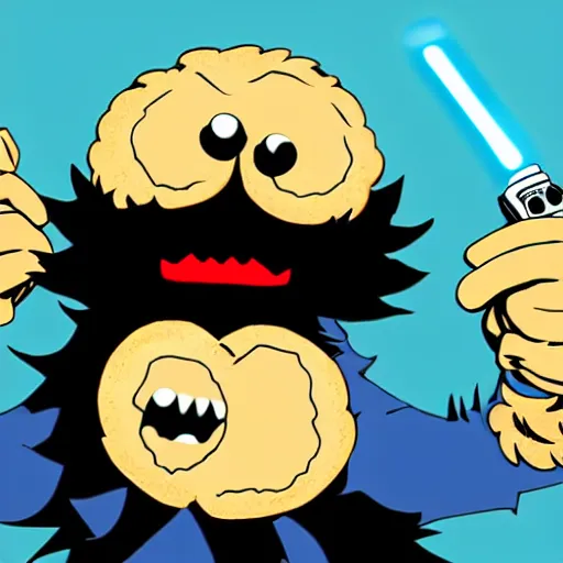 Image similar to angry cookie monster holding a lightsaber, epic anime style.