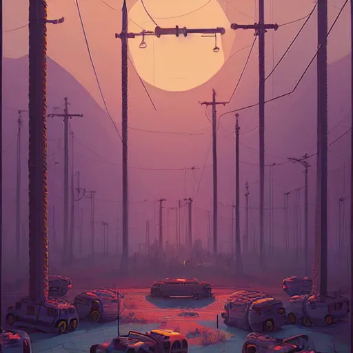 Image similar to the wretched mechanical giants who plague our kingdom, art by Simon Stalenhag