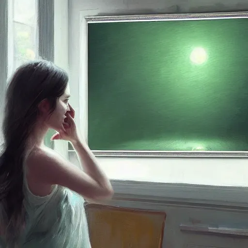 Prompt: epic masterpiece of cinematographic hyperrealism where a happy woman appears using her phone the color of the phone screen is green, the background of the image is white. realistic shaded lighting poster by craig mallismo, artgerm, jeremy lipkin and michael garmash, unreal engine, radiant light, detailed and intricate environment, digital art, art station trends