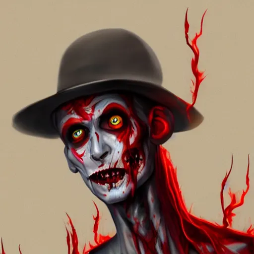 Prompt: An extremely skinny zombie man with burning yellow smokey eyes on a dusty haunting background with red and white smoke and dirt, in the style of artgerm and adam hughes