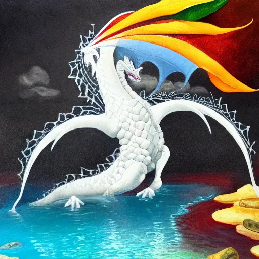 Image similar to highly detailed oil painting of a white dragon sitting in a colorful hotspring within a dark cavern