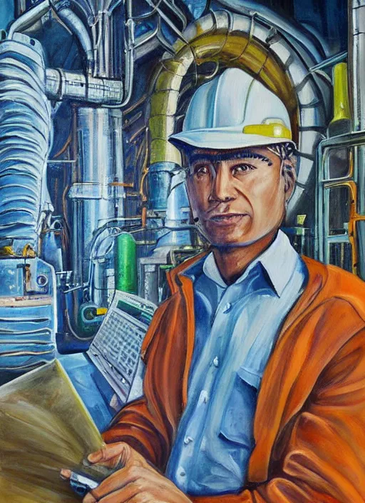 Prompt: a beautiful painting of an engineer working for an aluminium smelter, realistic face, ayahuasca