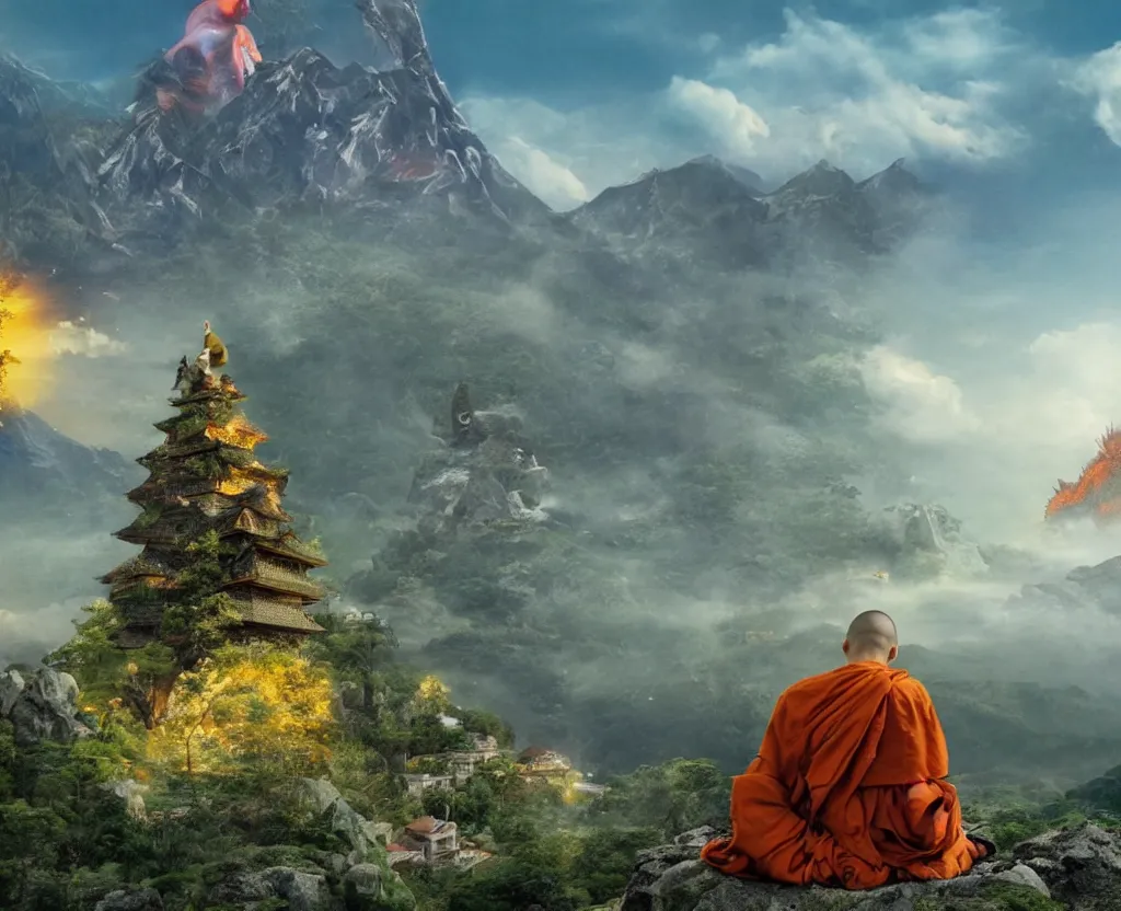 Image similar to a monk is meditating calmly on a beautiful mountain, in the foreground there is godzilla attacking a small village