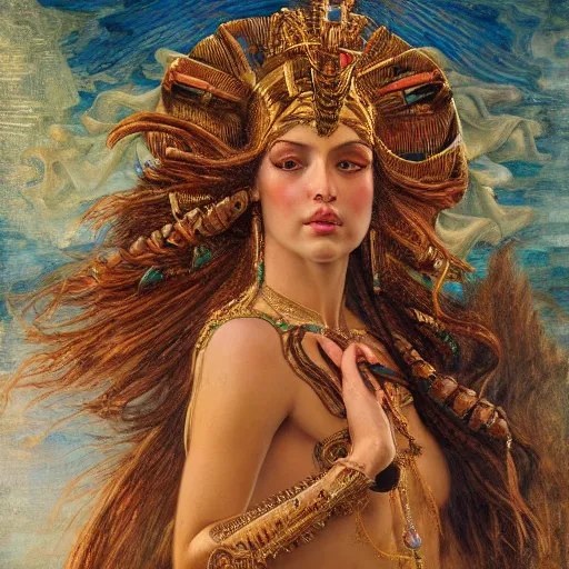 Image similar to artstation, intricate details, hyper details, by gaston bussiere and sandro botticelli, tan skin sumerian goddess inanna, lady of elche, egyptian sumerian features, techno mystic dominatrix goddess intergalactica, inanna with aqua neon rapunzel dreadlocks,