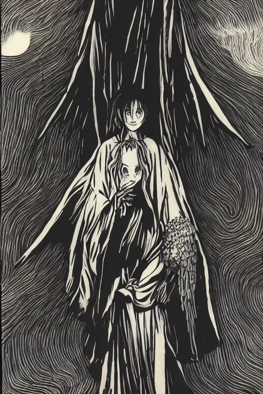 Image similar to angel of death smiling in the dark night, art by takeshi ohbata, junji ito