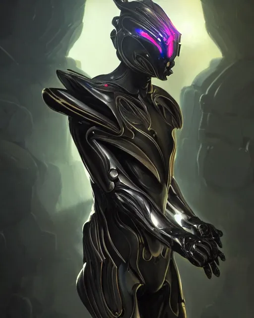 Image similar to iridescent sinewy smooth muscular male warframe sleek glossy black pearlescent scifi armor with smooth black featureless helmet, by greg rutkowski, mark brookes, jim burns, tom bagshaw, magali villeneuve, trending on artstation