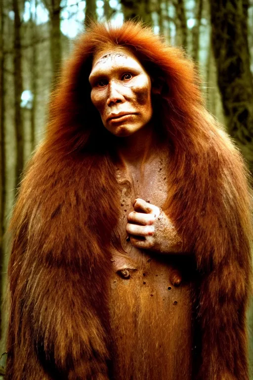 Image similar to a professional portrait photo of a neanderthal woman in the forest in winter, mud on face, ginger hair and fur, extremely high fidelity, natural lighting, still from the movie quest for fire