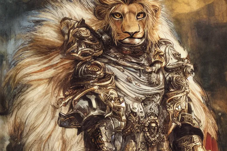 Image similar to 8k Yoshitaka Amano painting of upper body of a young cool looking lion beast-man at a medieval market at windy day. White mane, Depth of field. He is wearing complex fantasy armors. He has huge paws. Renaissance style lighting.