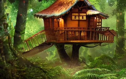 Image similar to an intricate treehouse in a dense forest in the realistic detail style of studio Ghibli, 4k, cinematic lighting