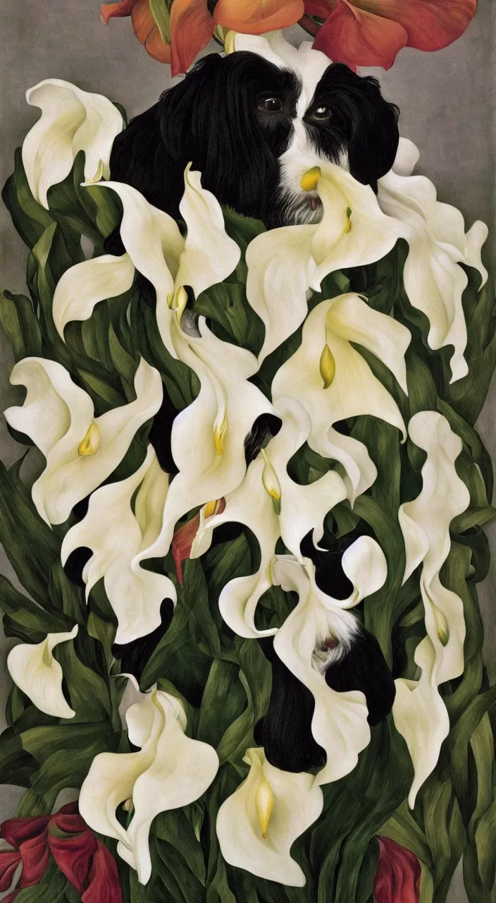 Prompt: portrait of a havanese dog with calla lillies, mexico, painting # by diego rivera 1 9 3 5