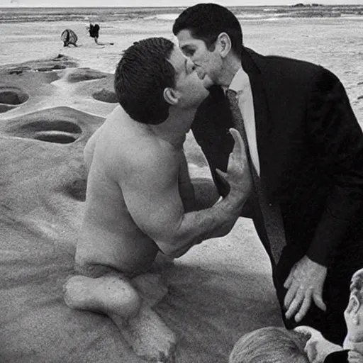 Prompt: “Paul Ryan kissing Lucifer at a beach in Hell, while singing opera”