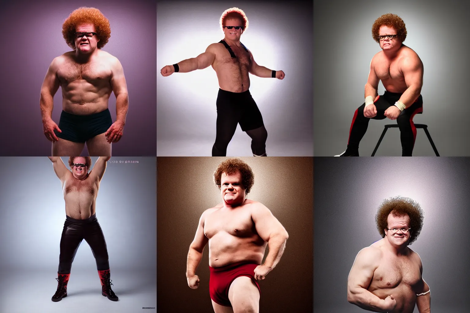 Prompt: Dr Steve Brule as a hunk wrestler, promotional photo, studio lighting, highly reflective