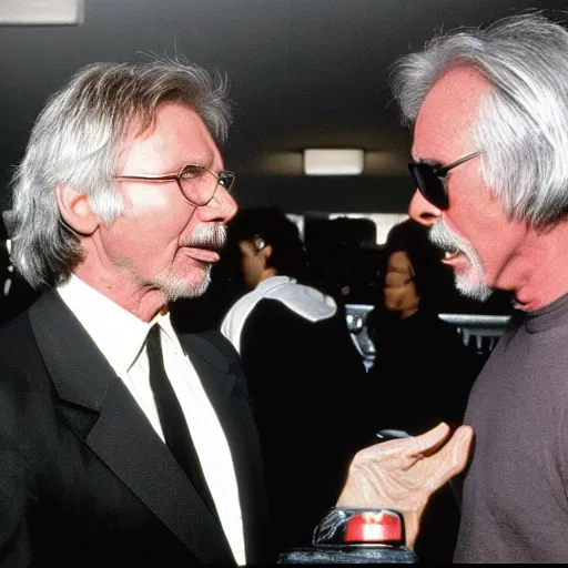 Prompt: harrison ford and john carpenter talking, 1 9 8 0 s photography