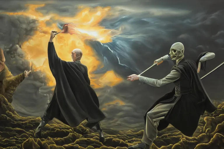 Prompt: A very detailed surreal fantasy oil painting of Lord Voldemort fighting against the Atheist by Manjit Bawa, trending on artstation, 4k.