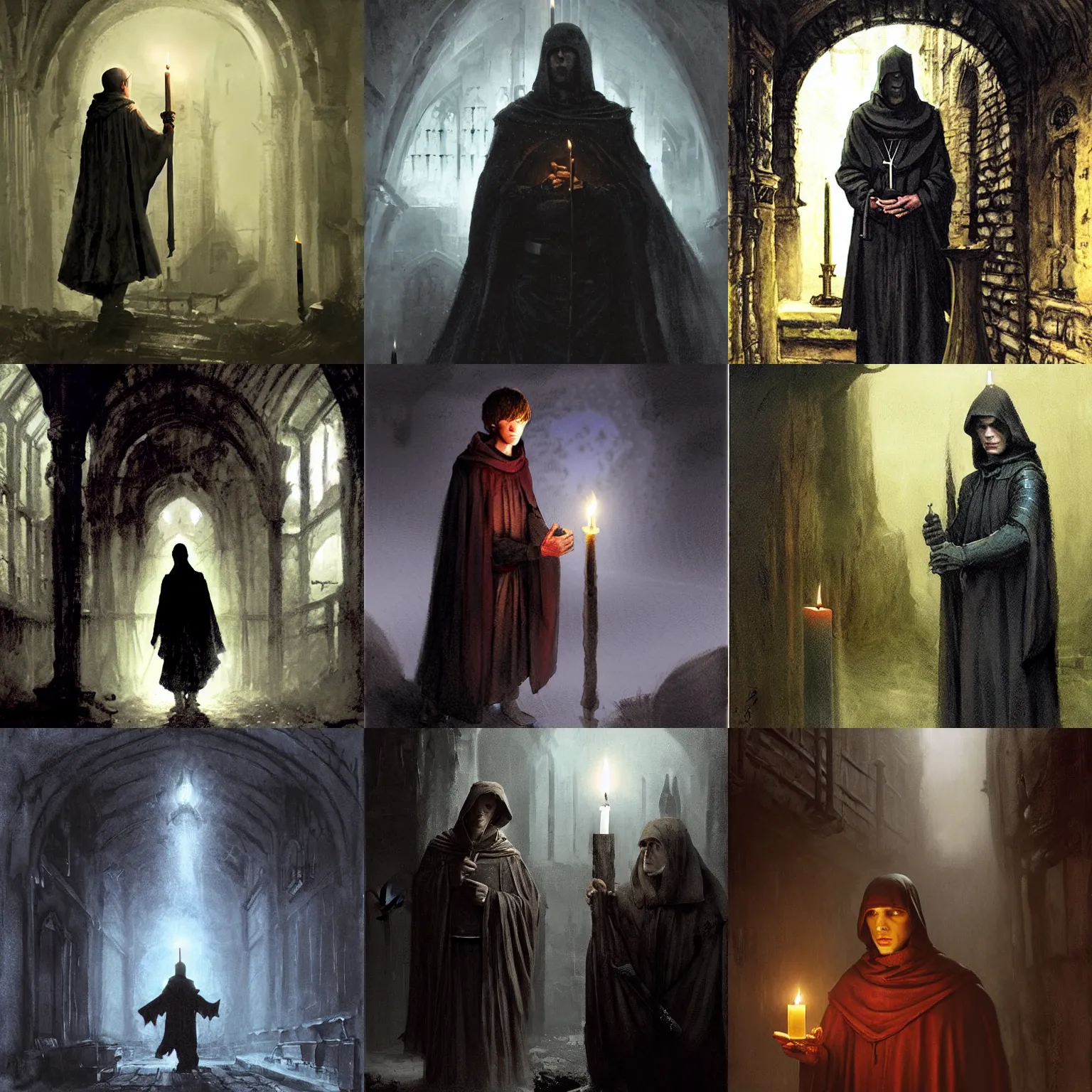 Prompt: jesse eisenberg as an enigmatic medieval christian ( ( monk ) ) in a dark underground city. dark shadows, colorful, candle light, law contrasts, ( ( overcast light ) ) ) fantasy concept art by jakub rozalski, jan matejko, and j. dickenson