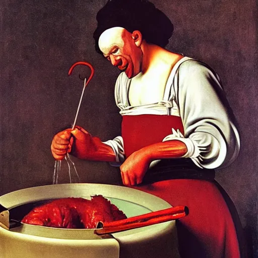 Prompt: Ronald Mcdonald putting meat into a metal mincer. High detail painted by Caravaggio