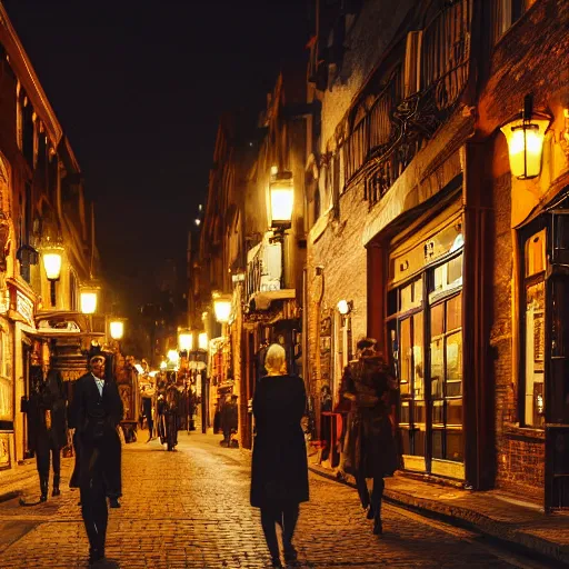 Image similar to a street level photo of a steampunk victorian city street, with people walking on the streets, at night, 4k, canon 5D