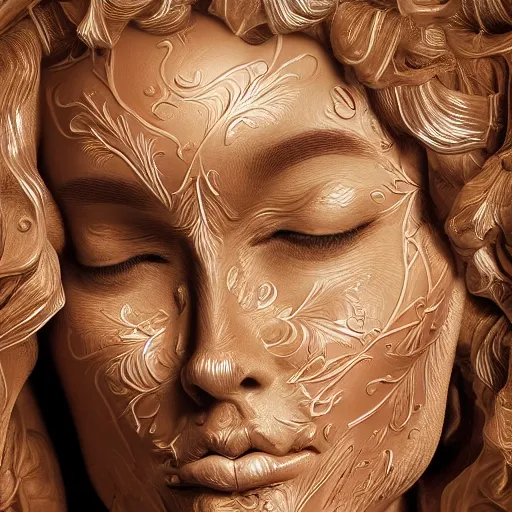 Image similar to beatifull face portrait of a woman, 150 mm, anatomical, flesh, flowers, mandelbrot fractal, facial muscles, veins, arteries, intricate, golden ratio, full frame, microscopic, elegant, highly detailed, ornate, ornament, sculpture, elegant , luxury, beautifully lit, ray trace, unreal, 3d, PBR, in the style of peter Gric , alex grey and Romero Ressendi