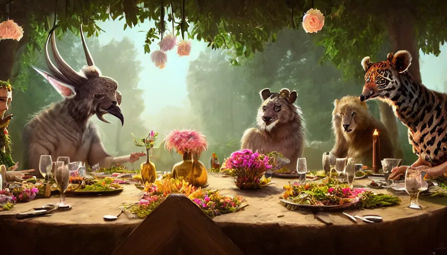 Image similar to a table dinner of exotic animals where animals are dressed like the characters from the midsommar movie wearing flowers, sharp focus, realistic detailed digital art by maxwell boas jessica rossier christian dimitrov anton fadeev trending on artstation cgsociety rendered in unreal engine 4 k hq