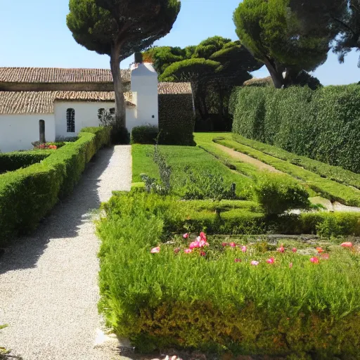 Image similar to ile de re house with a garden full of tremiere rose, sixty stores, white walls, orange roof