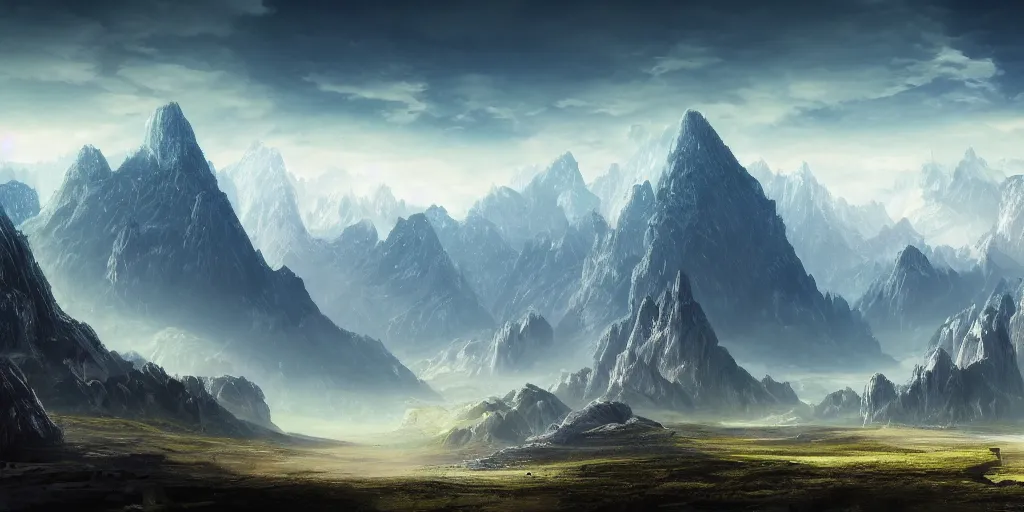 Image similar to The god-like landscape with mountains in the background, Sci-Fi fantasy desktop wallpaper, painted, 4k, high detail, sharp focus